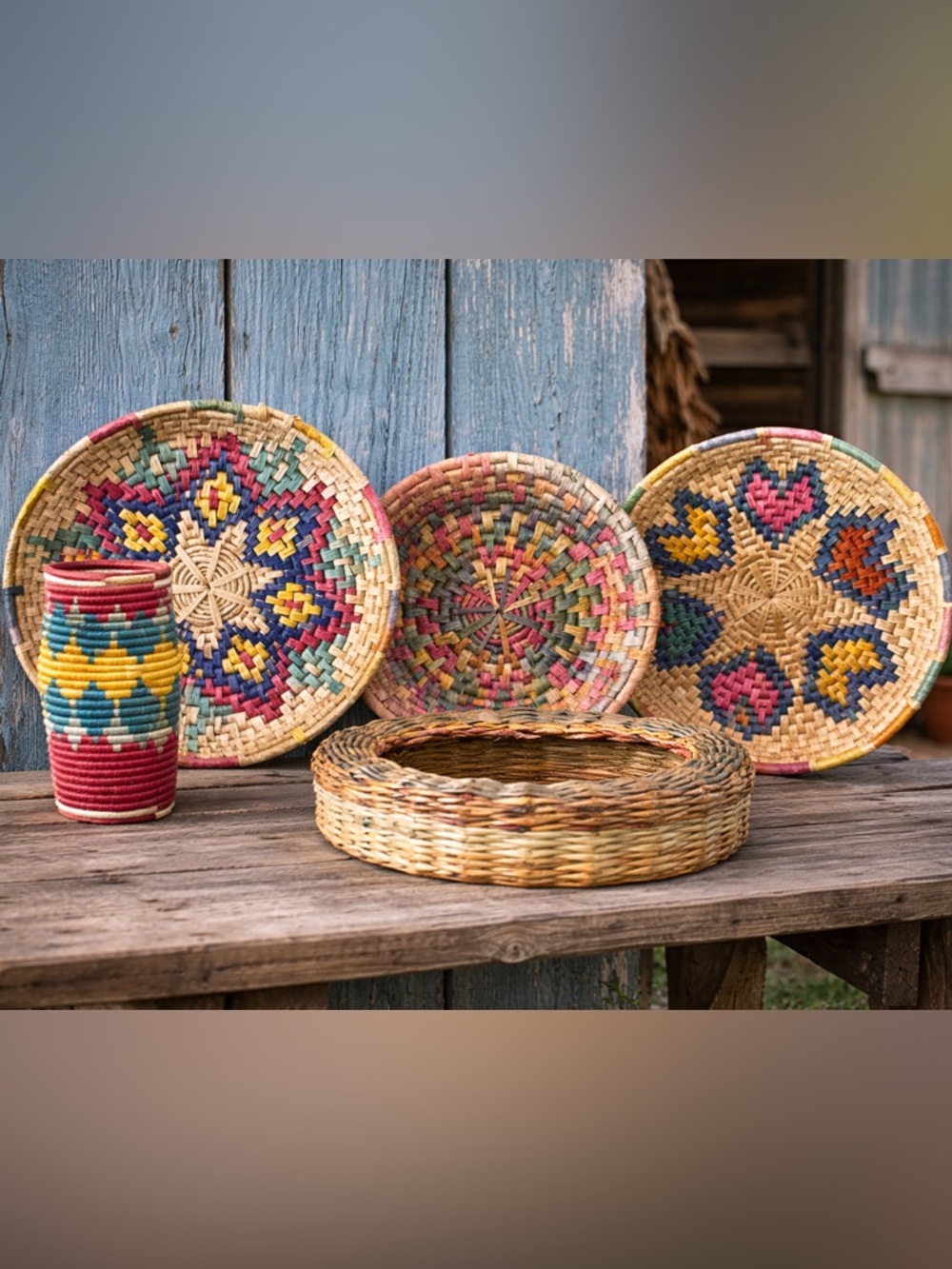 Vintage Boho Woven Handmade Basket Bundle Multicolor